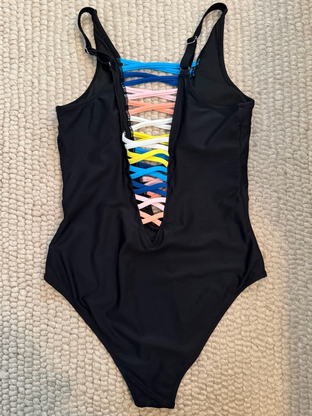 Popvil Black One-Piece Swimsuit with Multicolor Lace-Up Straps